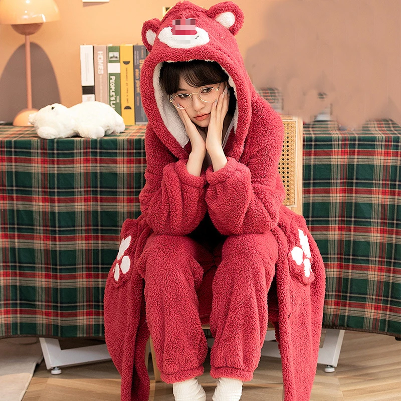 Winter Thick Hooded Flannel Animal Pajamas Sets Women Loose Long Sleeve Nightgown With Pants Cosplay Bear Cartoon Warm Nightwear