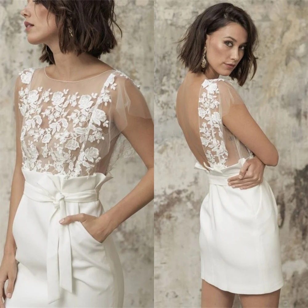 

Женское Короткое свадебное платье It's yiiya, белое кружевное платье невесты выше колена с аппликациями на заказ на лето 2019