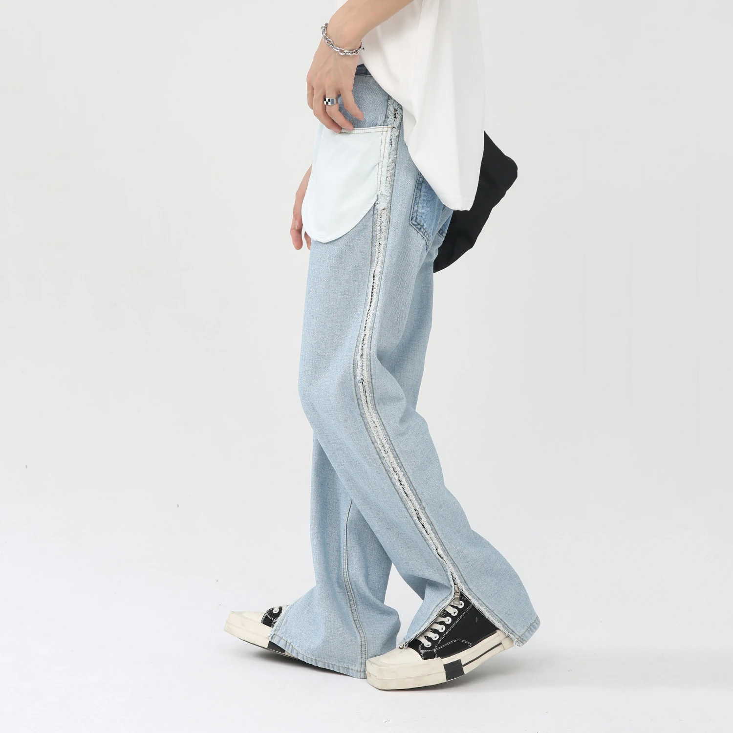 Jeans Men Four Seasons Blue Straight Trend Jeans Reverse Design Loose Casual Zipper Slit Trousers Y2k Aesthetic Pants Men Jeans