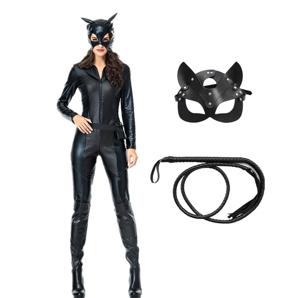 

Женский костюм для Хэллоуина, костюм кошки, сексуальный комбинезон из искусственной кожи с плеткой и маской кошки, косплей-униформа, Боди дл...
