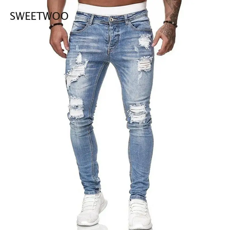 2022 Jeans Ripped Skinny Hole Trousers Stretch Slim Denim Pants Large Size Hip Hop Black Blue Casual Jogging Jeans for Men