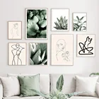 Настенная картина с изображением зеленых растений, листьев агавы, абстрактных линий, Женская Картина на холсте, скандинавский постер и принты, настенные картины для декора гостиной