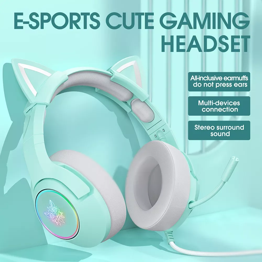 

NEW2023 K9 Gaming Headset Cute Ears Computer Earphones Microphone 7.1 Surround with RGB Atmosphere Light for PC Gamer