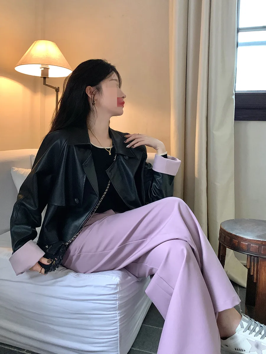 Sweet Girl Korean Short  Black Stitching Leather Coat Female Autumn 2022 Korean Fashion Loose Motorcycle Jacket Japan