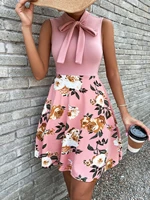 womens summer new casual fashion sleeveless solid color stitching printed bow tie elegant slim high waist skirt womens dress