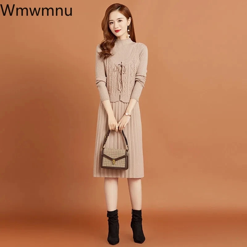 

Sweater Dresses Suit Fall Winter Casual Knitted Dress 2 Piece Set Women Elegant Bandage Knit Vest And Warm Knee Length Bottoming