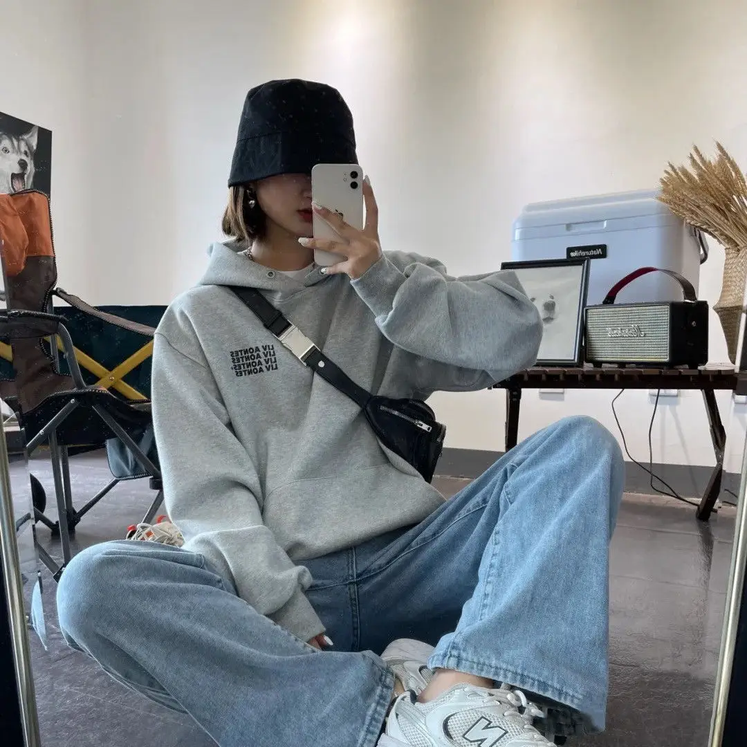 Серые Парные толстовки с капюшоном шикарная уличная одежда унисекс Модные