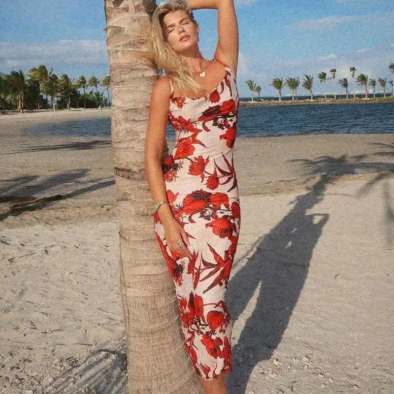 

Womens Clothing Summer Fashion Casual Dresses Printed Temperament Slim Fit Backless Strap Dress Wholesale