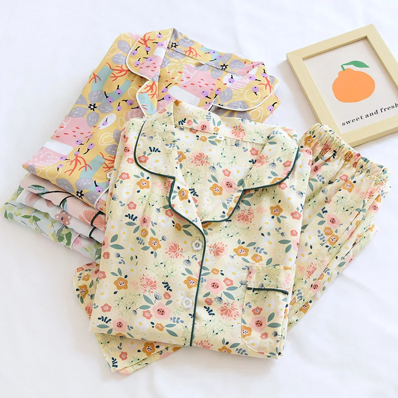 Women Pajamas Set 100% Viscose Flower Print Elegant Pyjamas For Lady Button Closure Sleepwear Homewear Rayon Cotton pjs