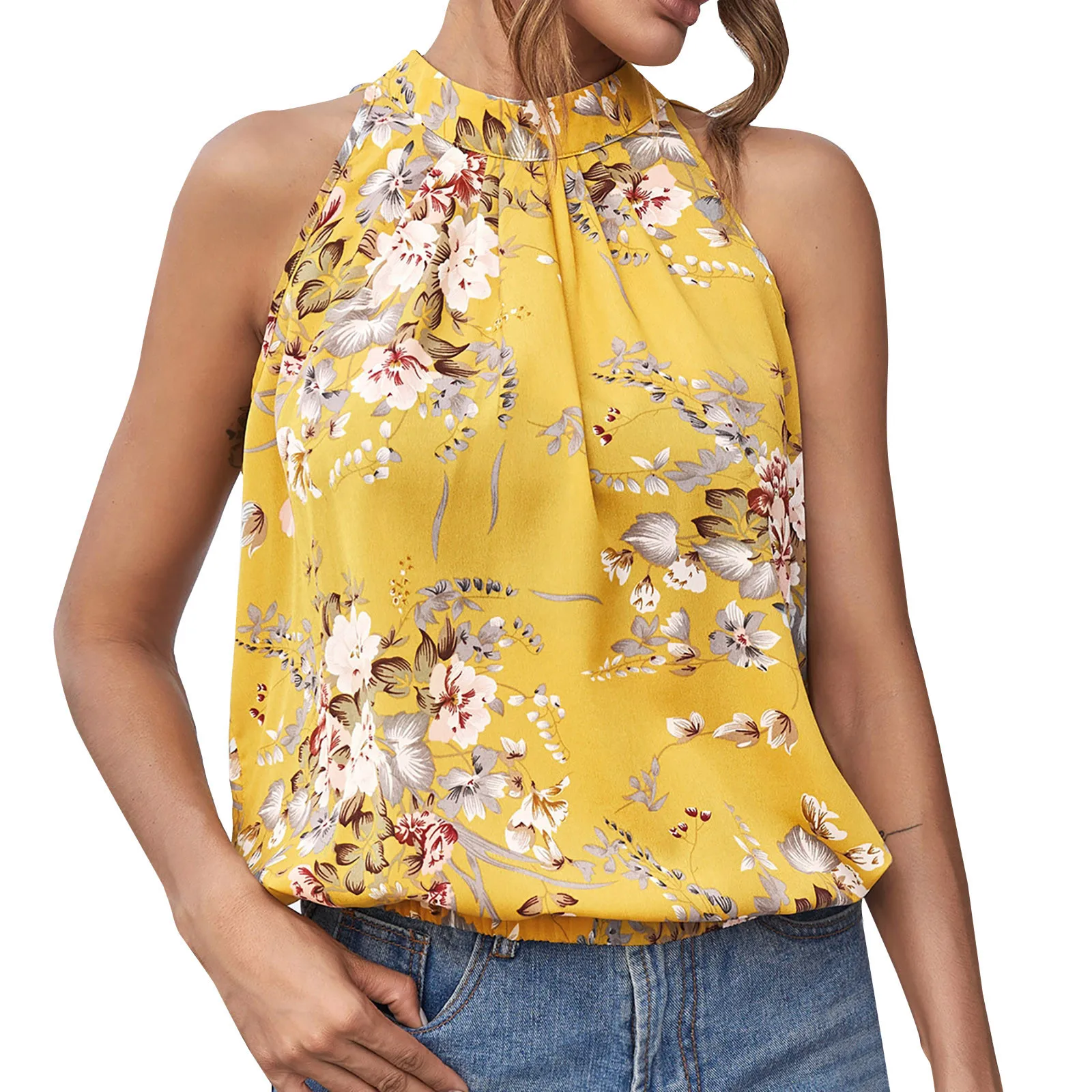 Женская блузка с открытыми плечами и цветочным принтом без рукавов