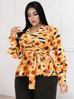 floral blouses v neck long lantern sleeve sexy see through women 2022 spring fahsion shirt tops large size clothes with sashes