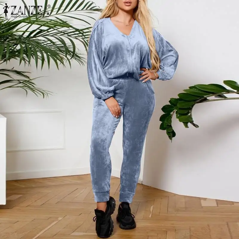 

Комплект ZANZEA женский из 2 предметов в стиле оверсайз, повседневный модный длинный брючный костюм с блузкой и V-образным вырезом, с бархатом, т...