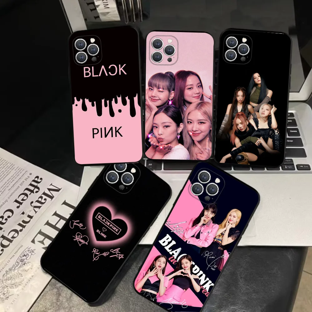 Чехол для телефона Kpop B-черный-P-розовый iPhone 16 15 14 13 12 11 Pro X XS Max XR Plus мягкий черный