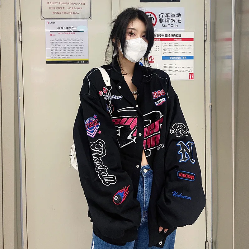 

Varsity jacket Women Printed Casual Zipper Long Sleeve Racing Jacket Coat Winter Clothes Vintage Colorblock Women Bomber Jacket