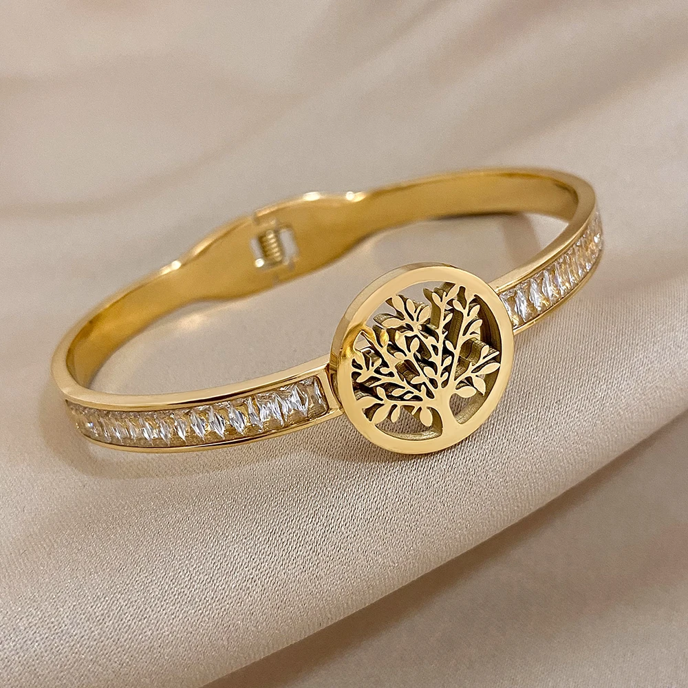 Браслет-манжета из нержавеющей стали с цирконом инкрустированный деревом жизни