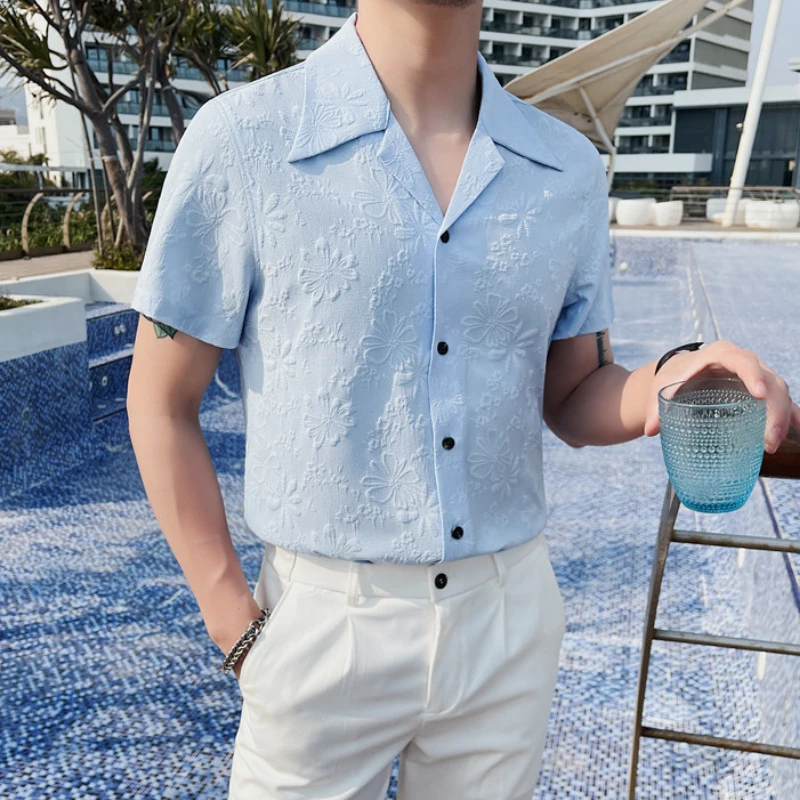 

2023 Summer 3D Jacquard Shirt for Men Short Sleeve Casual Shirts Men Clothing Lapel Loose Beach Street Wear Camisa Masculina