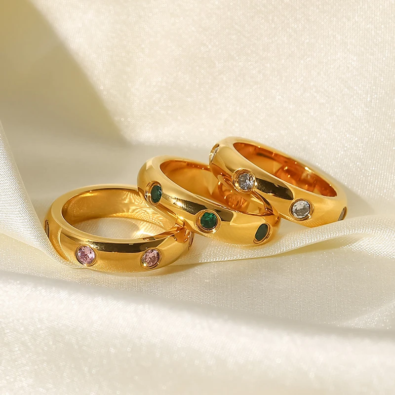 

18K Gold Plated Stainless Steel Green Pink White Bands Rings for Women GirlscMulticolor Cubic Zirconia Rings Waterproof Jewelry