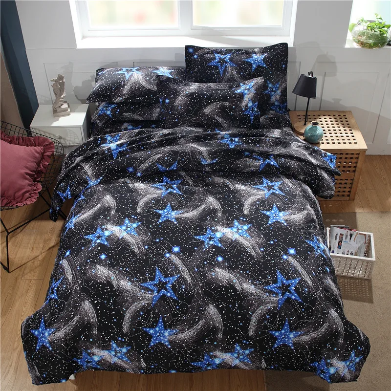 Starry Sky Night Duvet Cover Set Full Queen Size,Cute Star Bedding Sets Black Galaxy Comforter Cover Set with Pillowcases 2/3pcs