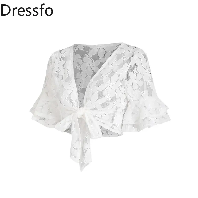 

Dressfo See Through Flower Lace Crop Cover Up Top Layered Flare Sleeve Open Front Bowknot Coverups