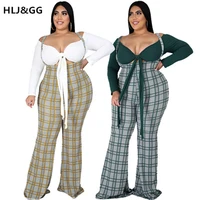 hljgg plaid pants long sleeve lace up clothes 2 piece set deep v drawstring crop top plaid overrolls suits casual streetwears