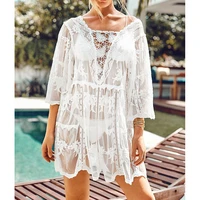 2022 beach wear cover ups women embroidered bikini cover ups hollow out mesh beach vacation swimwear pullovers lace blouse