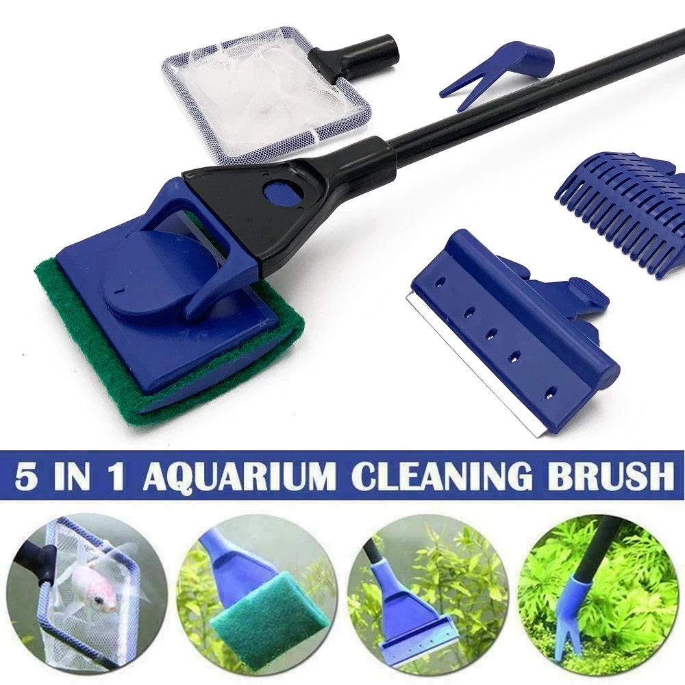 5 in 1 Aquarium Tank Cleaning Tool Set, Glass Cleaner Brush Including Fish Net, Gravel Rake, Algae Scraper, Pitchfork and Sponge