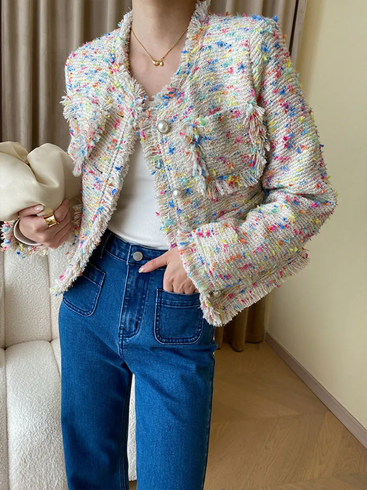 

2023 New Autumn French Atmosphere Fashion Woman Tweed Jacket Thick Tassel Solid Single Brewed Loose Vintage Style Coat Cardigan