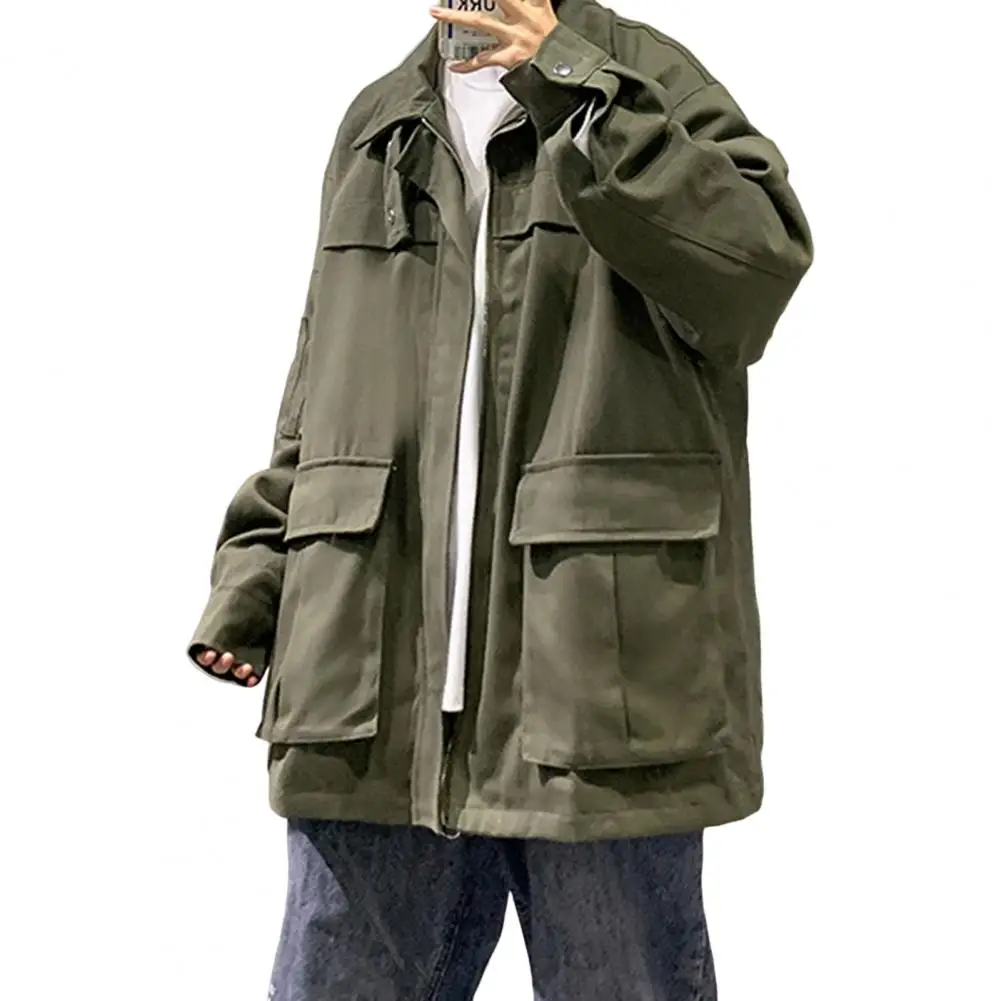 

Trendy BF Turn-down Collar Men Coat Spring Cargo Coat Streetwear Warm
