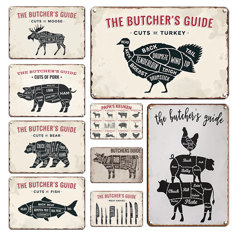 Vintage Metal Sign Butcher Meat Guide Retro Tin Sign Metal Plaque Wall Poster for Farm Butcher Shop Pub Kitchen Wall Art Decor