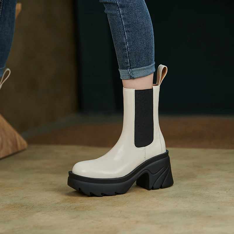 

Autumn Winter Women Boots Fashion Elastic Band Round Toe Chelsea Boots Short Boots Chunky Heel Platform Shoes Zapatos De Mujer