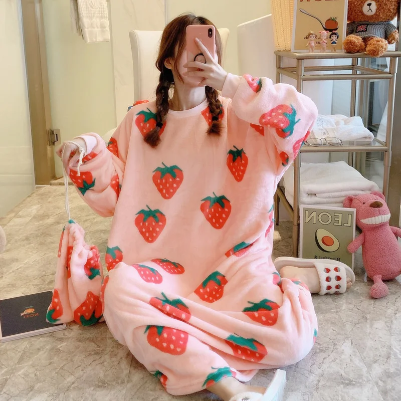 

Plus Size Women Nightgowns Round Neck Homewear Nightwear New Rainbow Striped Kawaii Printed Loose High Quality Coral Velvet Warm