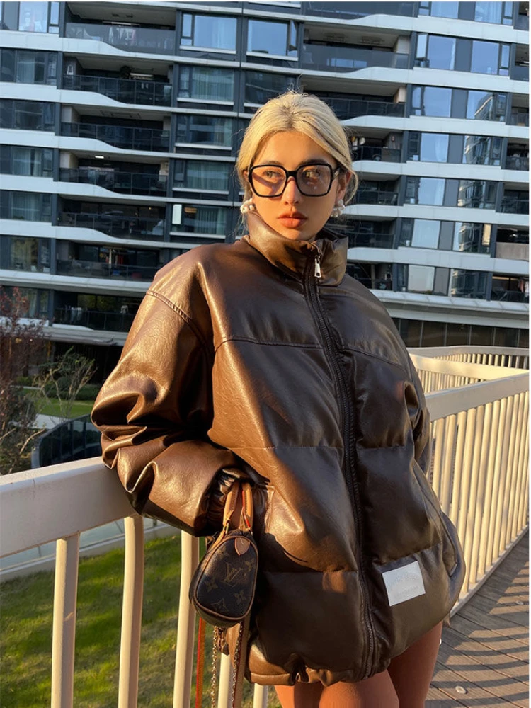 Winter Casual Stand Collar Thick Warm Brown Parka Women 2022 Fashion American Retro Zipper Cotton-padded Coats Casual Jackets
