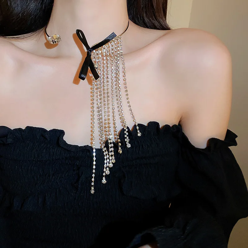 Korean Version Harajuku Inlaid Rhinestone Tassel Bow Open Choker Necklace for Women Spicy Girl Aesthetic Sweet Cool Female Gifts
