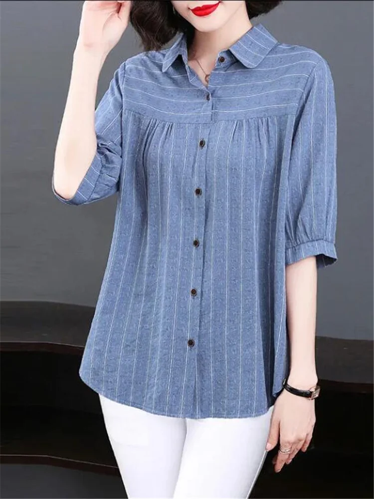 

Pure Cotton Blouses Striped Shirt For Women Half Sleeved Top Loose Woman Shirt Summer Female Clothes Casual Cardigan Lady Blous