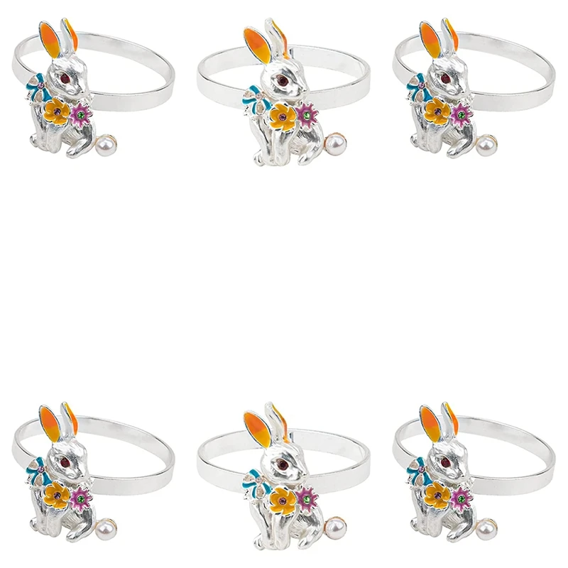 

6 Pieces Easter Bunny Napkin Ring Rabbit Napkin Buckle Metal Silver Napkin Ring Holders For Holiday Family Table Decor