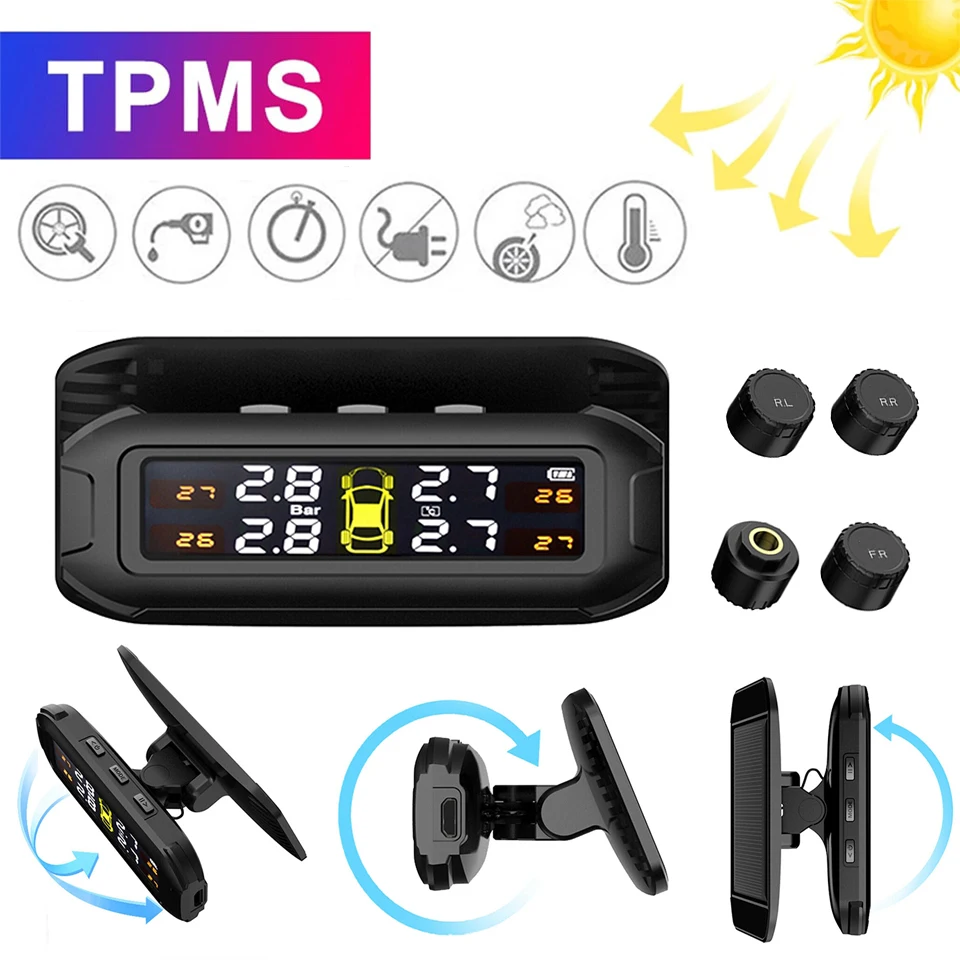 

Универсальная беспроводная система контроля давления в шинах TPMS, часы на солнечной энергии, ЖК-дисплей, 4 внешних датчика давления в шинах