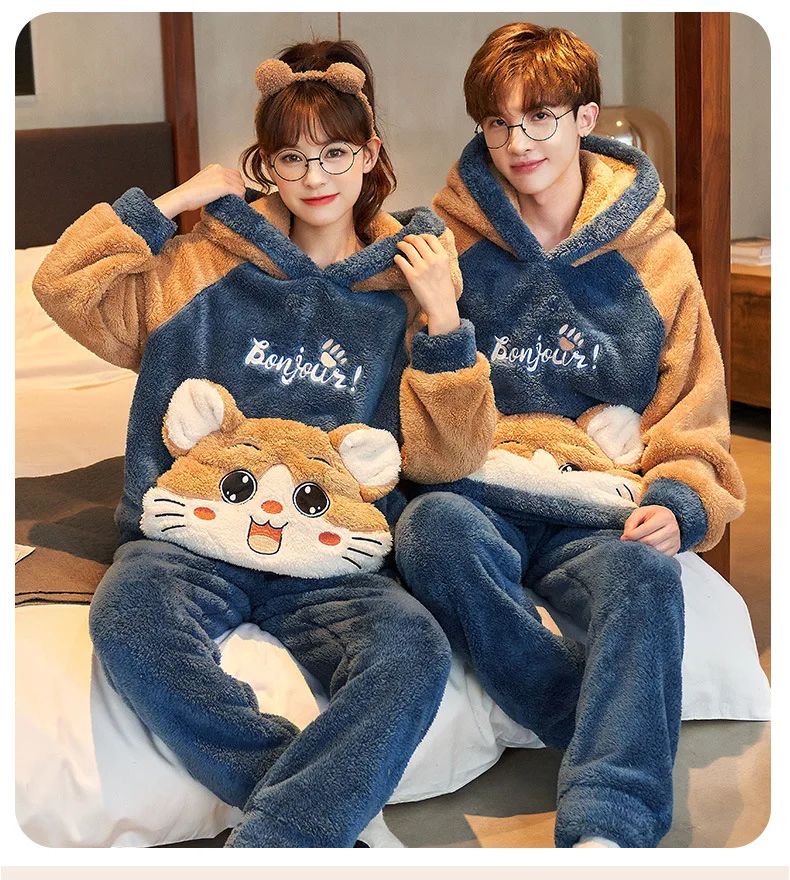 Couples Pajamas Sets Women Men Winter Thicken Pyjamas Sleepwear Cartoon Dinosaur Korean Lovers Homewear Soft Warm Pijama Hoodies