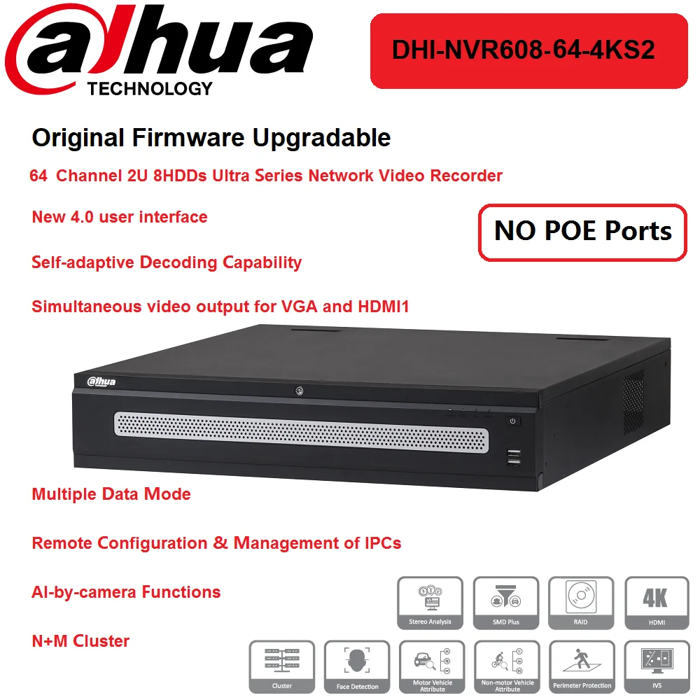 

Original Dahua NVR608-64-4KS2 64CH No PoE 2U 8HDDs Ultra Series Network Video Recorder AI-by-Camera Functions