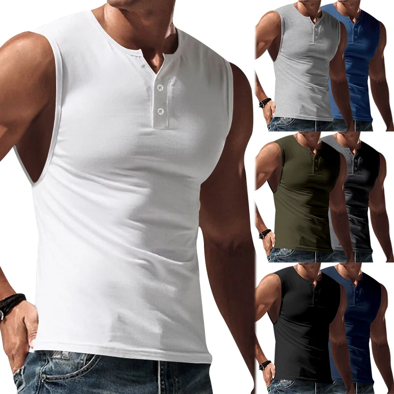 

Men's Summer Best Selling Henley Shirt Solid Color Vest Casual Sports T-Shirt Fitness Muscle Top Custom 6XL