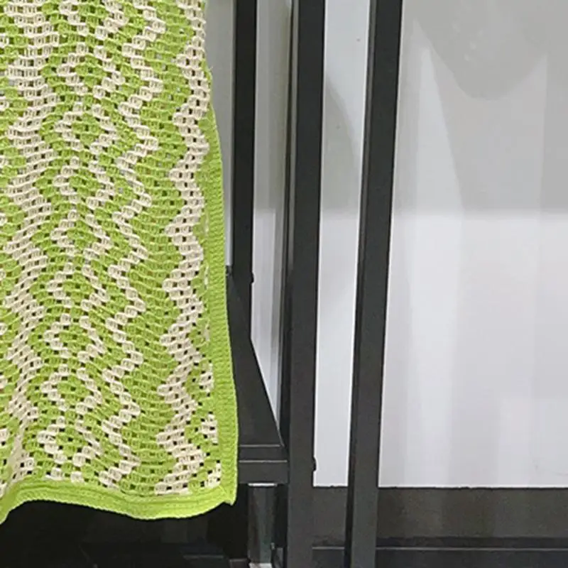 

2023 Summer Lapel Crochet Geometric Pattern Side Slit Green Dress for Women