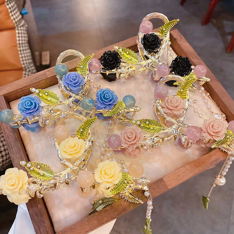

Romantic Flowers and Leaves Tassel Hair Clips Multicolor Acrylic Pearl Hair Claws Back of the Head Hair Accessories for Girls