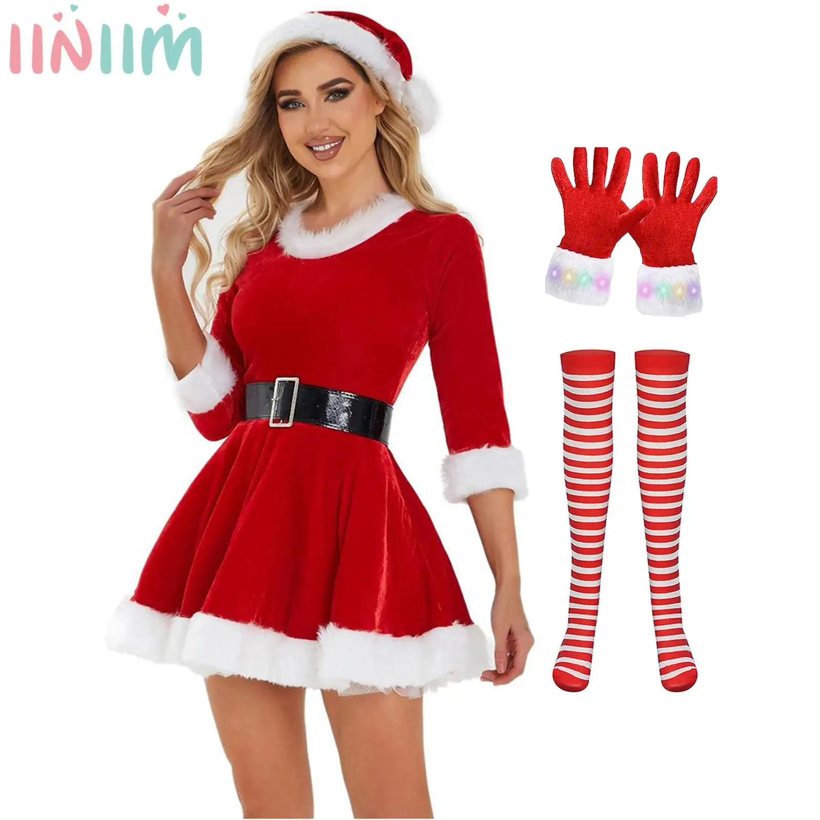 5 шт. женский рождественский костюм с круглым вырезом белая плюшевая отделка