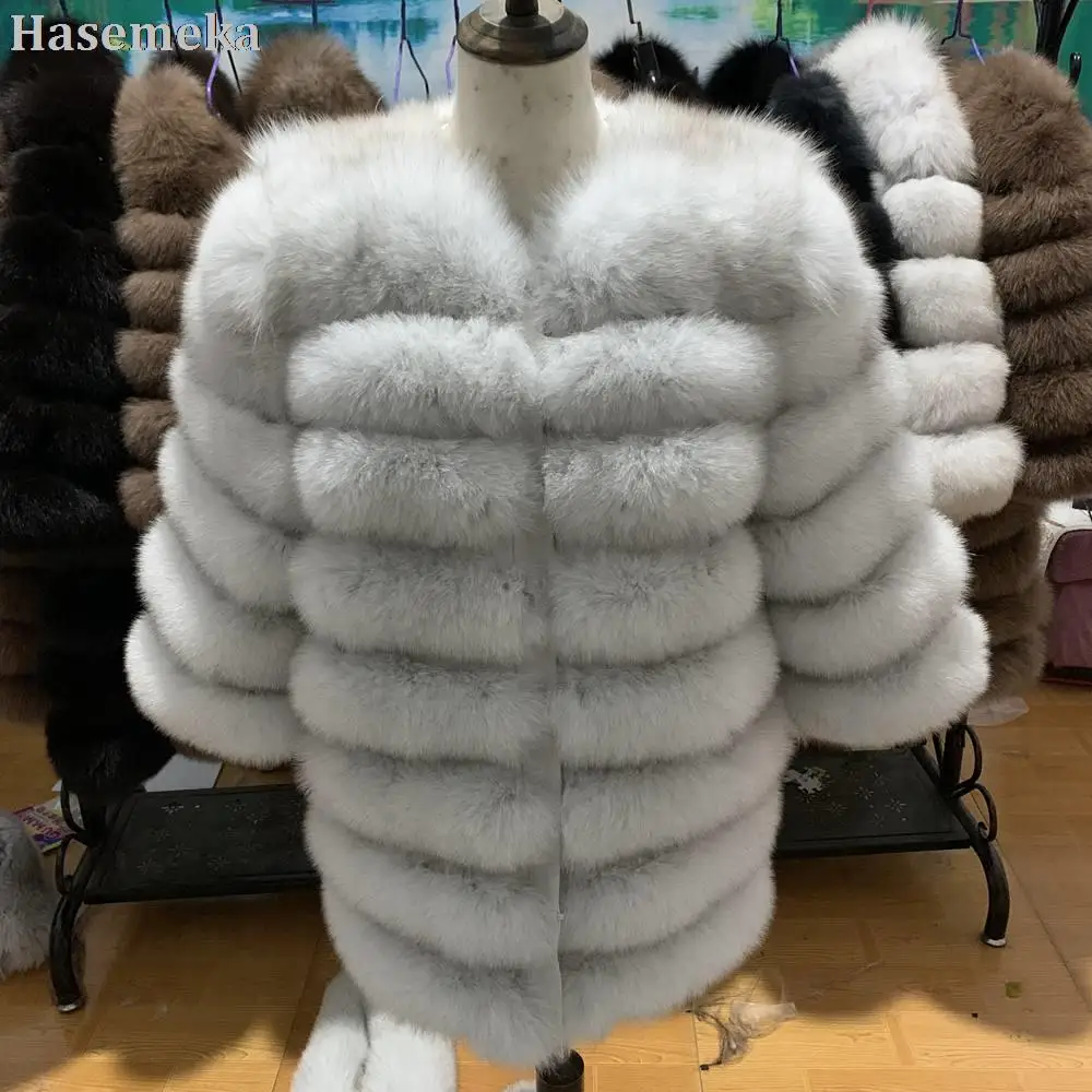 100% Real Fur Real Fox Fur Coat Outfit Quality Long Sleeves Silver Outwear For Women Winter Warm Thick Natural Fox 70CM Overcoat