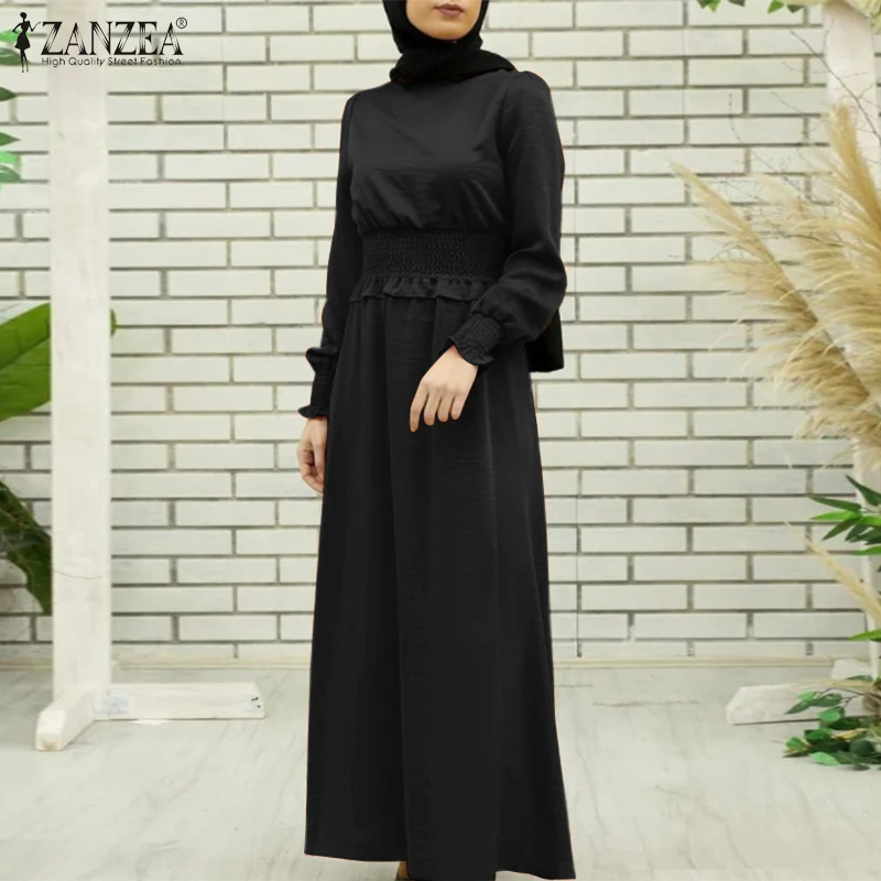 2022 ZANZEA женское мусульманское платье с длинным рукавом с О-образным вырезом и эластичной талией, кафтан, свободная мусульманская одежда, хал...
