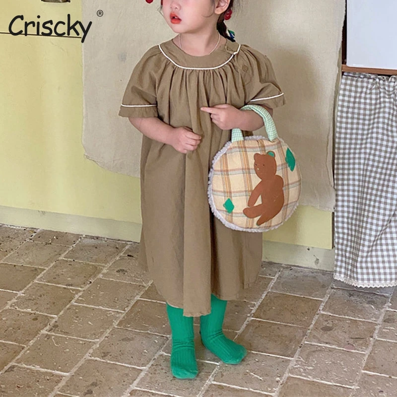 

Criscky Girl Dress New Children's Clothing Summer New Cotton O Neck Short Sleeve Mid Calf Soild Girl Dress Vintage Style