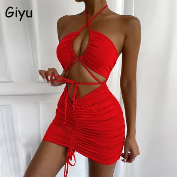 Giyu Sexy Bodycon Dresses Women 2022 Summer Club Party Hollow Out Vestidos Elegant Halter Backless Drawstring Ruched Mini Dress 1