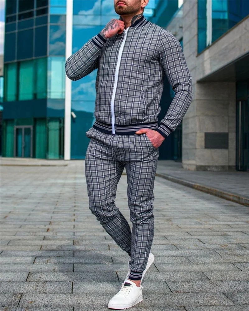 

Men's 3D Print Grid Two-Piece Tracksuits Patchwork Zipper jacket Coat+ trousers Sports Suits men High Quality Slim Sportswear