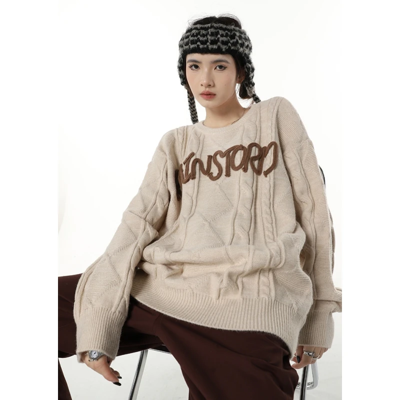 

Women Apricot Sweater Round Neck Embroidery Fashion Vintage Leisure Lazy Wind Loose Winter Female Thicken Warm Knitting Pullover