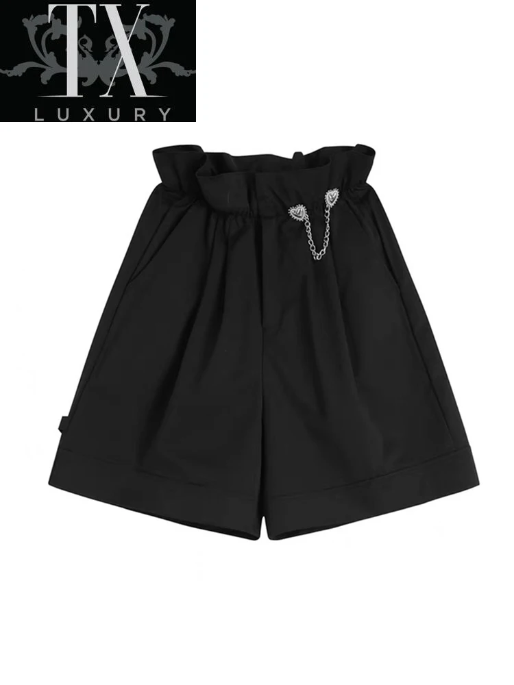 

Summer Korean Loose High Street Flower Bud Wide Leg Belt Chain Black Sexy Elastic Waist Women Shorts