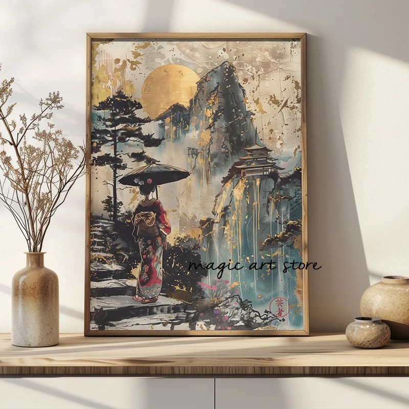 Ретро Moody японская геиша женщина Горный пейзаж картина Kanji художественный постер